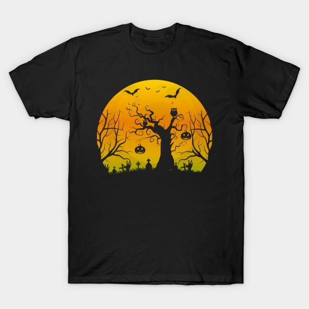 Spooky Moon Halloween Witch Monster Ghost Pumpkin T-Shirt by fromherotozero